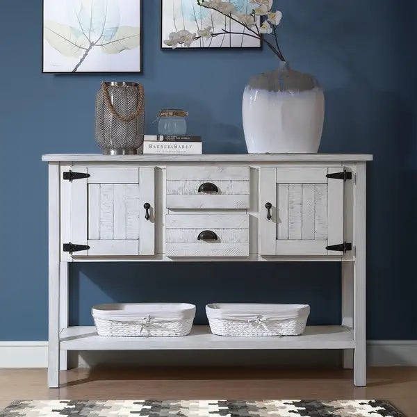 48" Solid Wood Sideboard Console Table - Retro Style Storage Buffet for Living Room & Dining Room (Antique White)