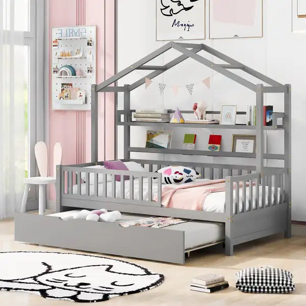 Twin Size House Bed with Trundle & Shelf - Gray Kids Bedroom Furniture