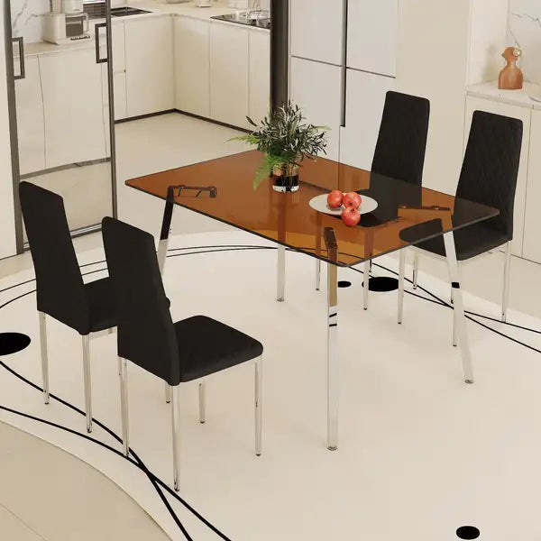 Modern Dining Set: Rectangular Glass Table & 4 Black Checkered Chairs with Silver Legs