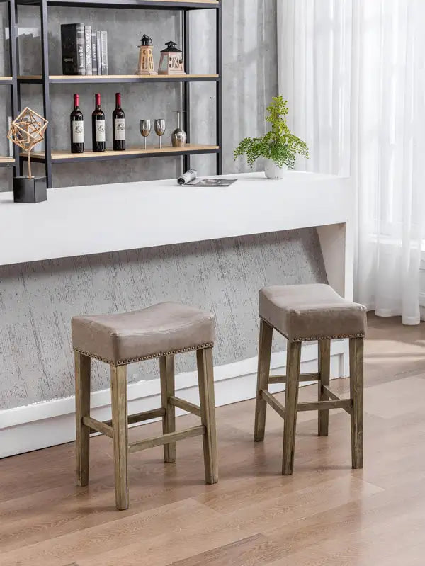 Counter Height Bar Stools Set of 2 - Faux Leather, Backless, Gray, 26 Inch - Farmhouse Style Kitchen Island Chairs - Minihomy