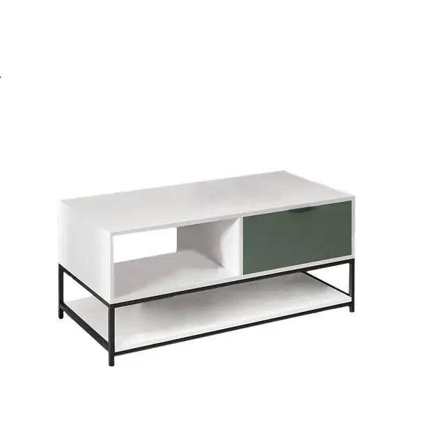 Watson 39" Coffee Table: White & Green Wood, Steel Frame, Shelves & Drawer