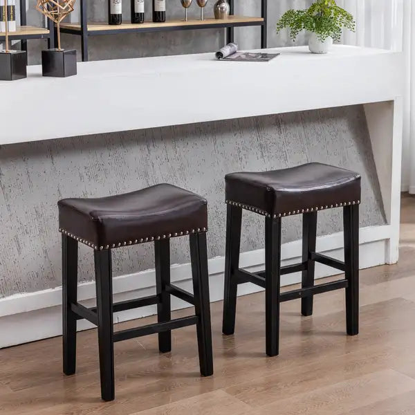 A&A Furniture Farmhouse Counter Height Bar Stools (Set of 2), 26 Inch Brown Faux Leather Backless - Minihomy