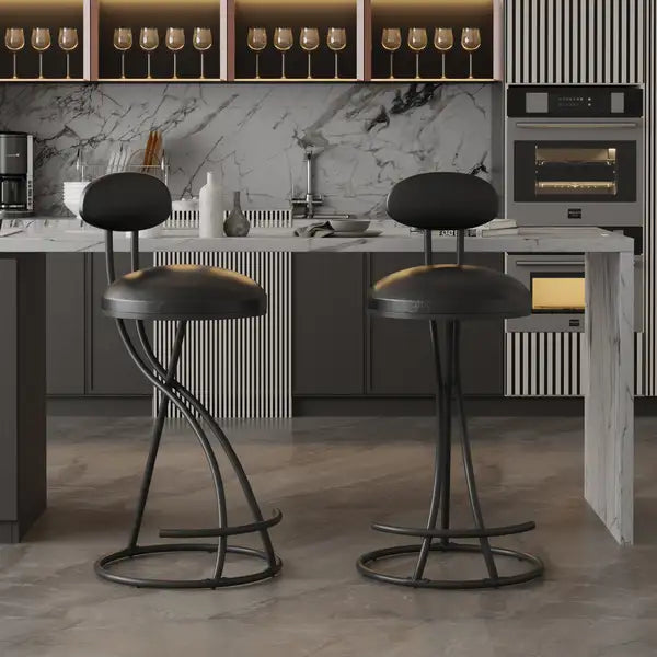 Black Counter Height Bar Stools, Set of 2, Upholstered with Footrest - Modern PU Leather Dining Chairs - Minihomy