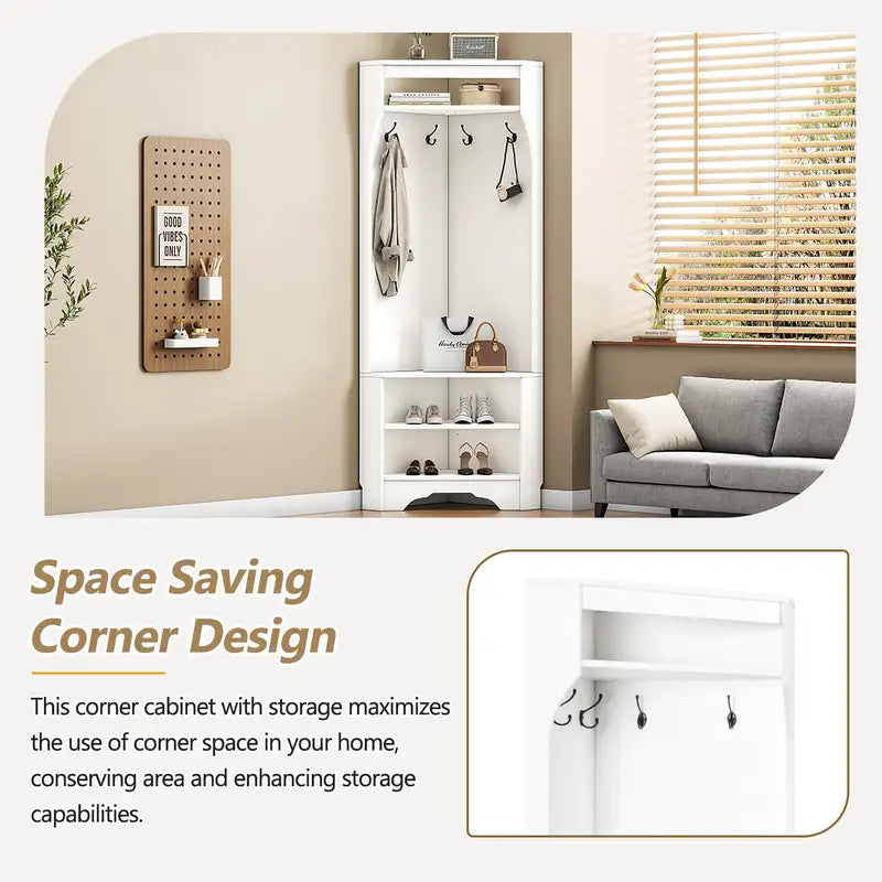 White Corner Hall Tree with Shoe Bench & 4 Hooks - Minimalist Entryway Storage