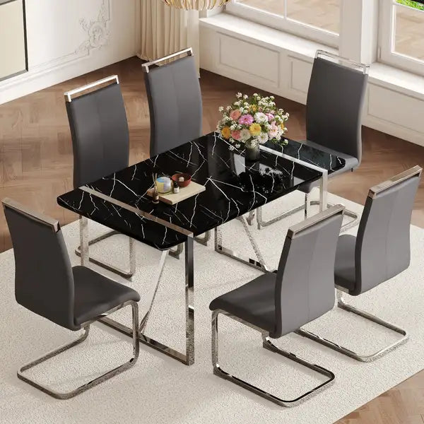 Rustic Industrial Dining Set - Black Table & 6 PU Cushion Chairs with Silver Metal Legs