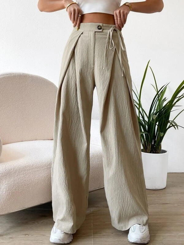 High-Waist Lace-up Patchwork Casual Straight Leg Pants