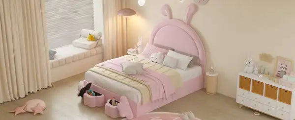 Full Size Upholstered Rabbit Bed with Storage Stools, Pink Velvet Platform Bed with Ears Headboard - Minihomy