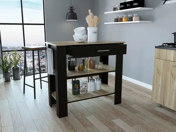 Rockaway Kitchen Island with Drawer, Shelves - Black Wengue & Light Oak