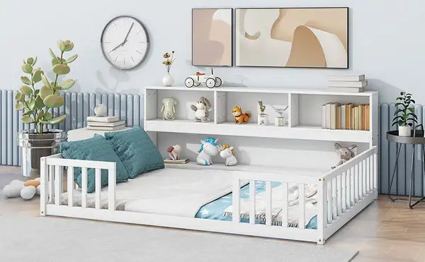 Full Size Platform Bed with Bookcase, Shelves, Guardrails - White - Minihomy