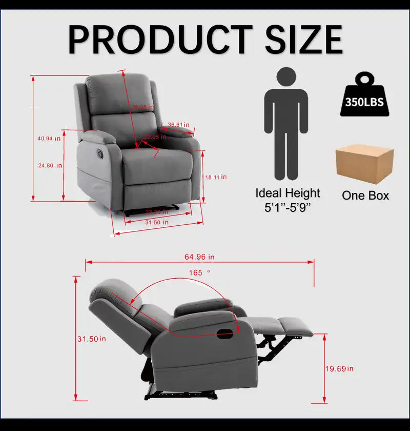 Manual Recliner Chair - Gray Home Theater Seating Sofa