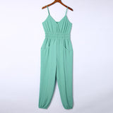 Waist Trimming Spaghetti Straps One-piece Trousers Solid Color Backless Jumpsuit