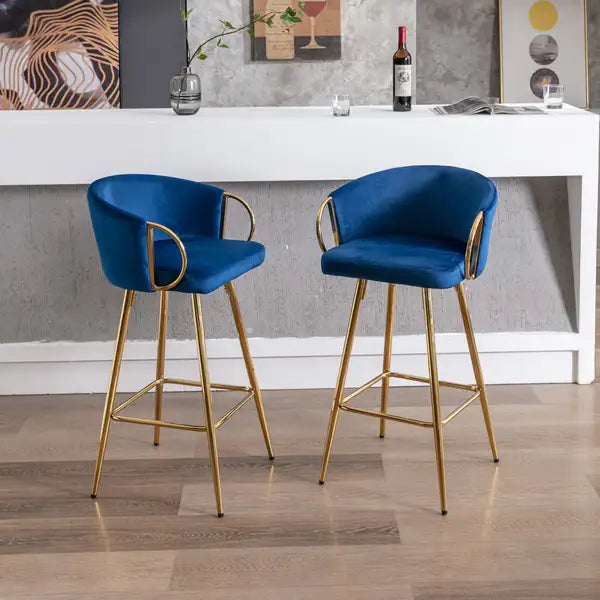 26 Inch Velvet Bar Stools Set of 2, Chrome Footrest, Golden Legs, Blue - Minihomy