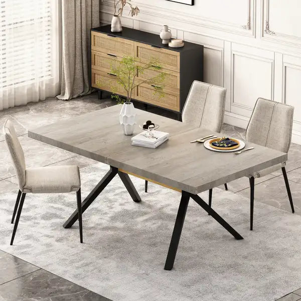 Retro Rectangular Stretch Dining Table - Grey Top, Walnut Beam, Black Base - 62.99"-78.74"