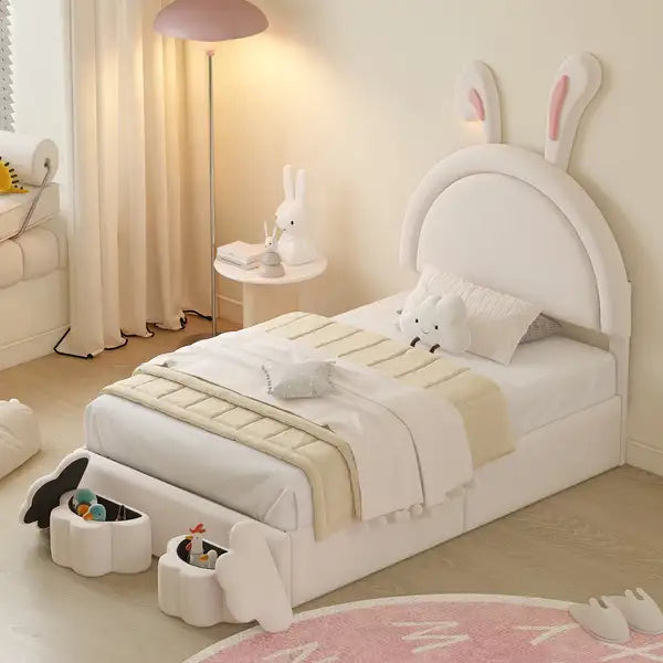 Twin Upholstered Rabbit Bed with Storage Stools, Velvet Platform Bed, White