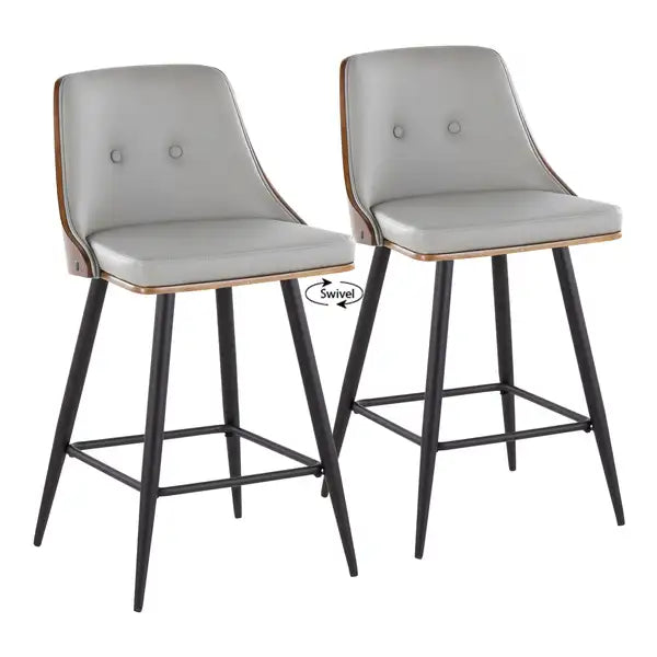 LumiSource Gianna Counter Stools - Set of 2, Mid-Century Modern Swivel Barstools, Matte Black Metal & Walnut