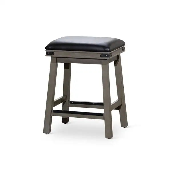 24" Weathered Gray Counter Stool with Black Leather Seat - Minihomy