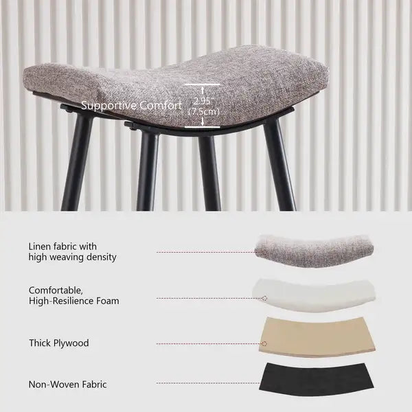 Modern Bar Stools Set of 2 - Linen Fabric, Armless, Counter Height, Metal Legs, Footrest - Minihomy