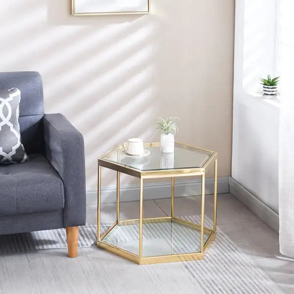 Gold Metal Frame Glass Coffee Table - Modern Living Room Furniture