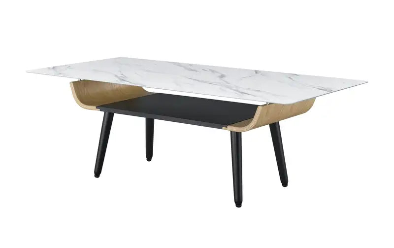 Landon 47" White Marble Coffee Table - Bent Wood Design