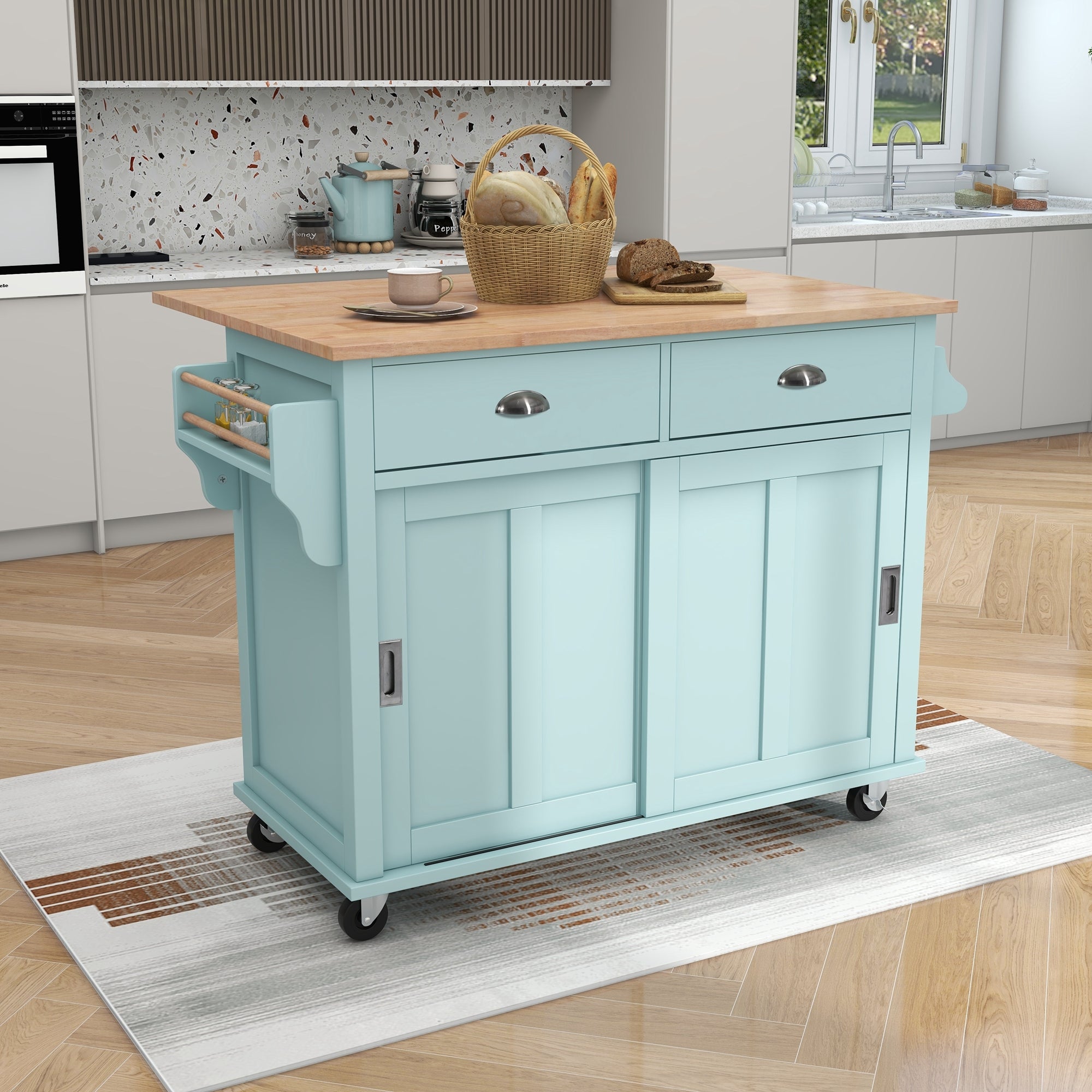 Kitchen Island Cart with Drop-Leaf Countertop, Adjustable Height, Storage & 2 Drawers, Mint Green, 52.2" x 30.5" x 36.6"