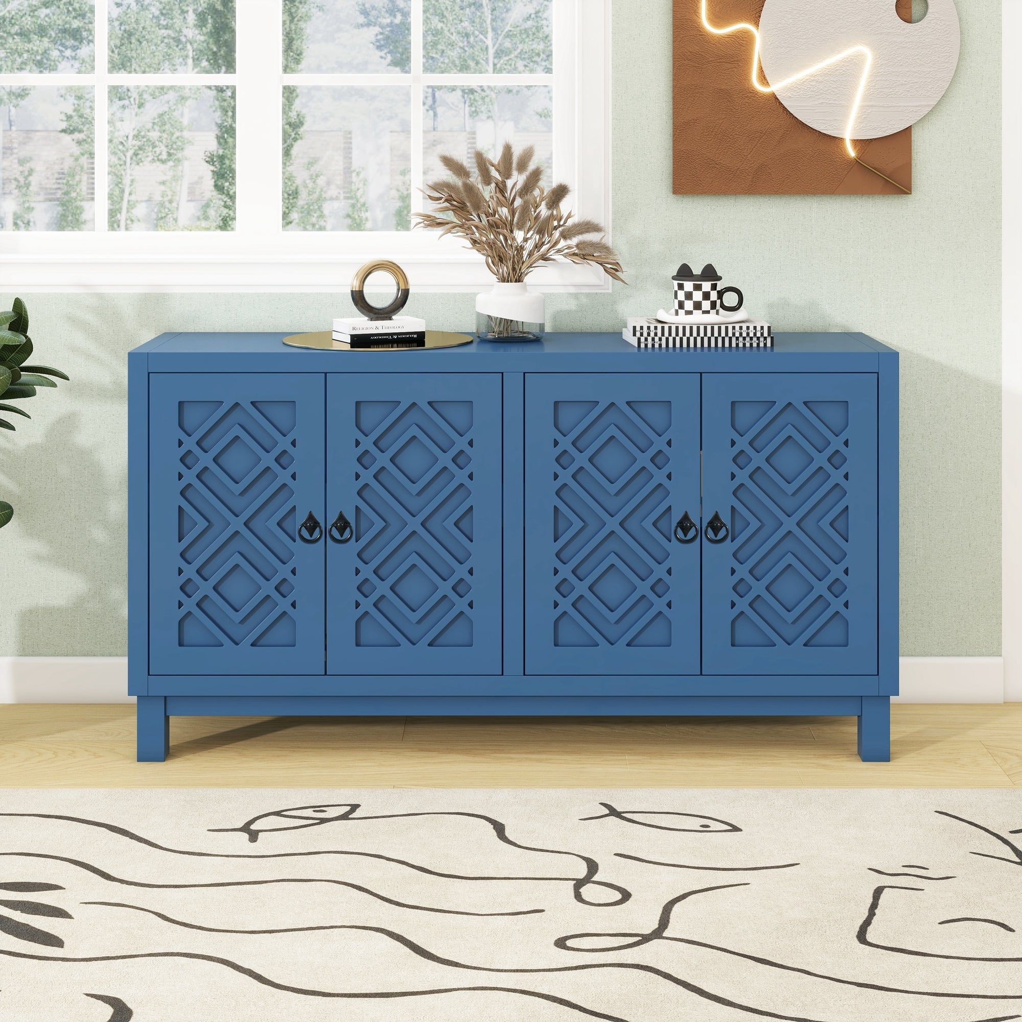 Navy Sideboard Buffet Cabinet with 4 Doors & Storage Space for Living Room or Dining Room