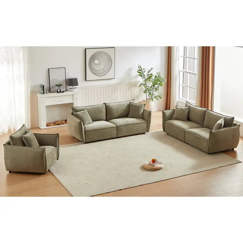 Modern Linen Sofa Set: 3-Seat, 2-Seat & Loveseat, Wooden Frame, 5 Pillows