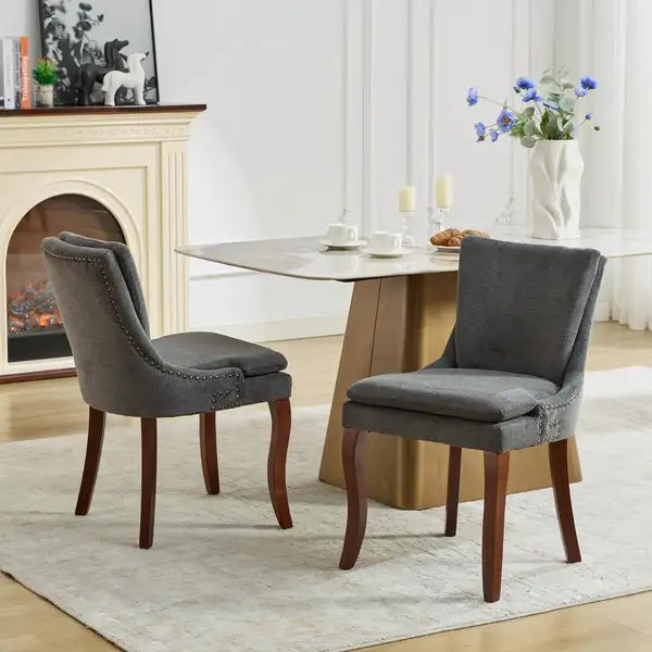 Modern Dining Chairs Set of 2 - Gray Chenille Fabric Upholstery with Curved Wood Legs