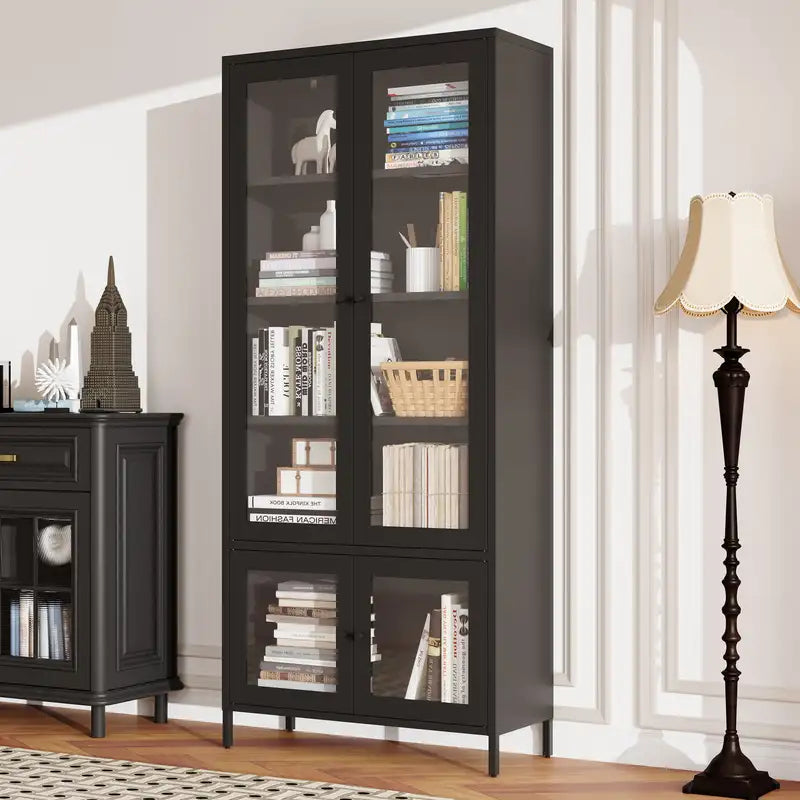 Black Metal Storage Cabinet with 4 Glass Doors & 5 Shelves