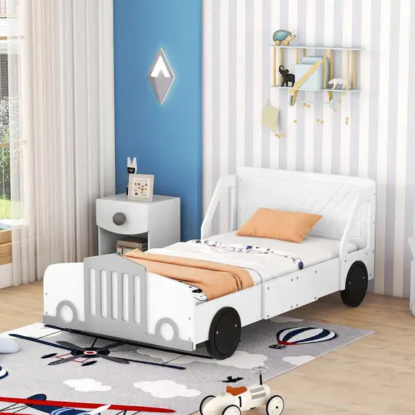 Twin Car-Shaped Platform Bed with Wheels - White for Kids & Teens