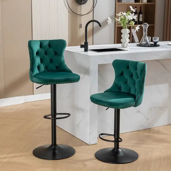 Green Velvet Bar Stools with Backs - Adjustable Height, Tufted, Set of 2 for Kitchen Island & Pub - SW1812GN - Minihomy