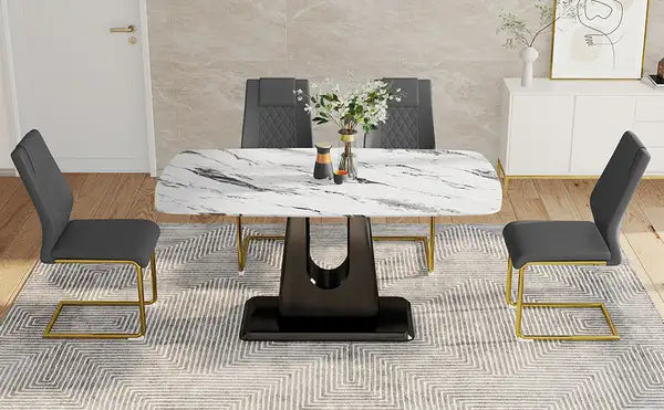 Modern Dining Table & Chair Set | Imitation Marble Top, U-Shaped Legs - Minihomy