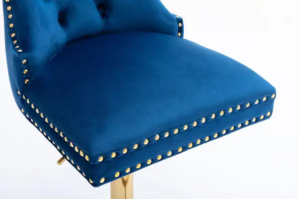 2-Piece Velvet Bar Stools Set | Adjustable Counter Height, Tufted Back, Blue & Gold - Minihomy