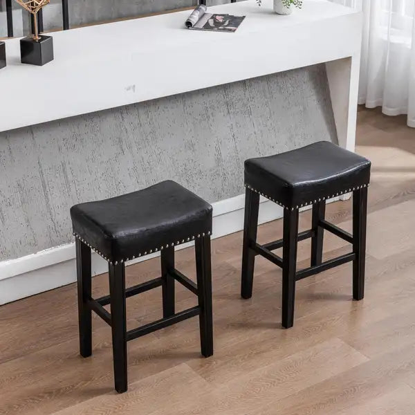 Black Farmhouse Counter Height Bar Stools (Set of 2) - 26" Backless Faux Leather Kitchen Island Chairs - Minihomy