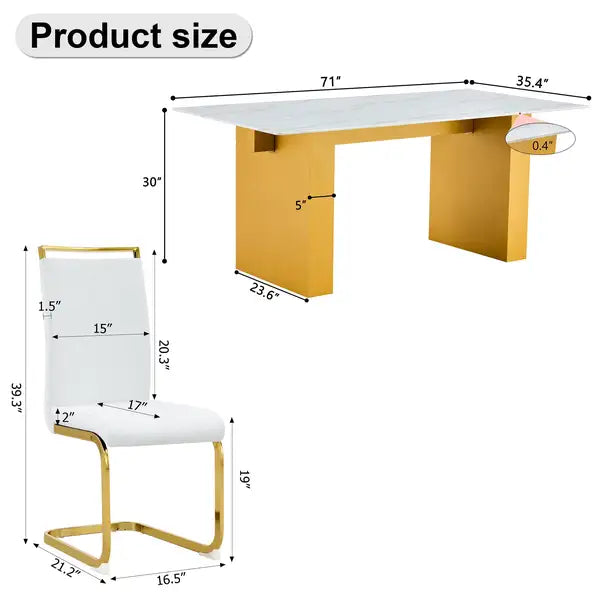 Modern Rectangular Dining Table & 8 Chair Set - Glass Top, Faux Leather Seats, Golden Legs - Minihomy