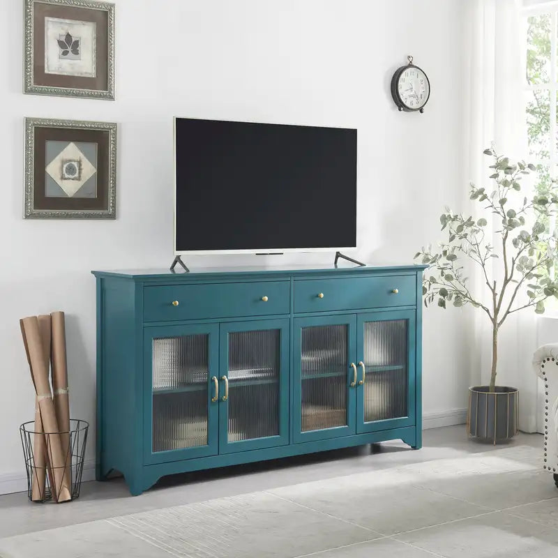 Teal Blue 65" TV Console with Glass Door & Adjustable Shelves