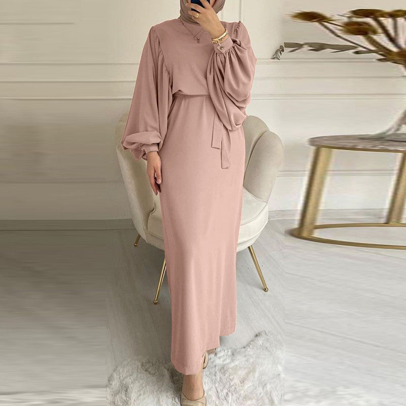 Women's Solid Color Long Sleeve Casual Muslim Abaya Dress Robe