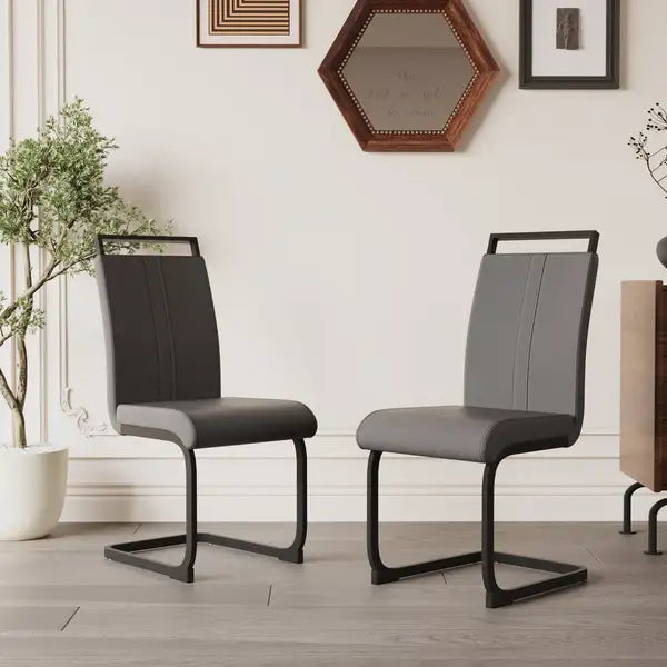 Modern Dining Chairs Set of 2 - Grey Faux Leather, High Back, Black Metal Legs,  C-Shaped Tube, Kitchen, Dining Room