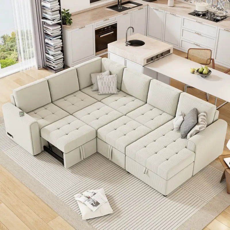 Beige U-Shaped Sectional Sofa with Pull-Out Bed & Storage