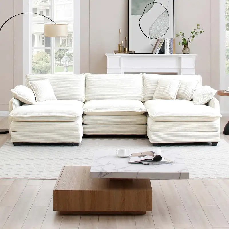 Beige Corduroy Modular Sofa with Ottoman & 2 Footstools: U-Shape