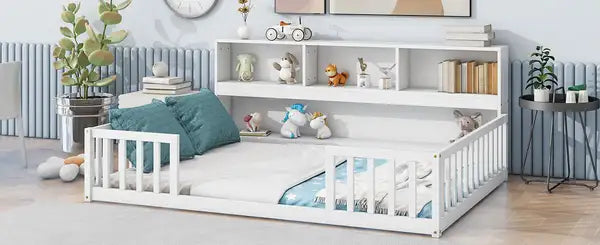 Full Size Platform Bed with Bookcase, Shelves, Guardrails - White - Minihomy