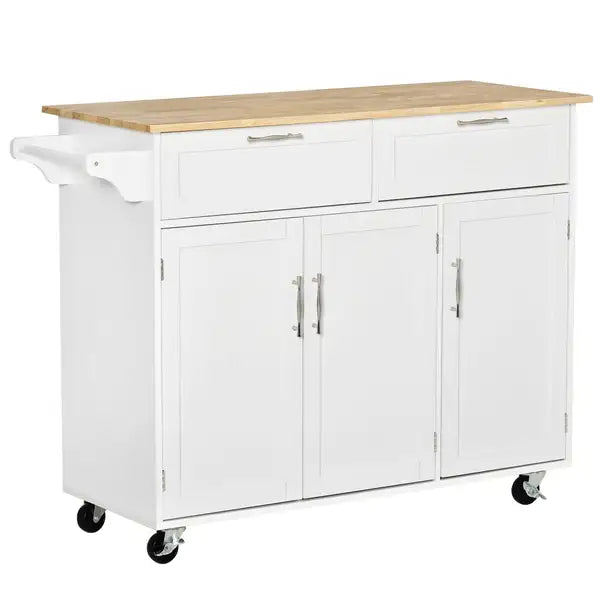 White Mobile Kitchen Island with Storage, Wood Top & Adjustable Shelves