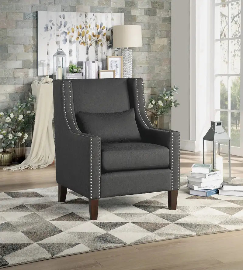 Dark Gray Accent Chair with Pillow – Modern Nailhead Trim Living Room Chair