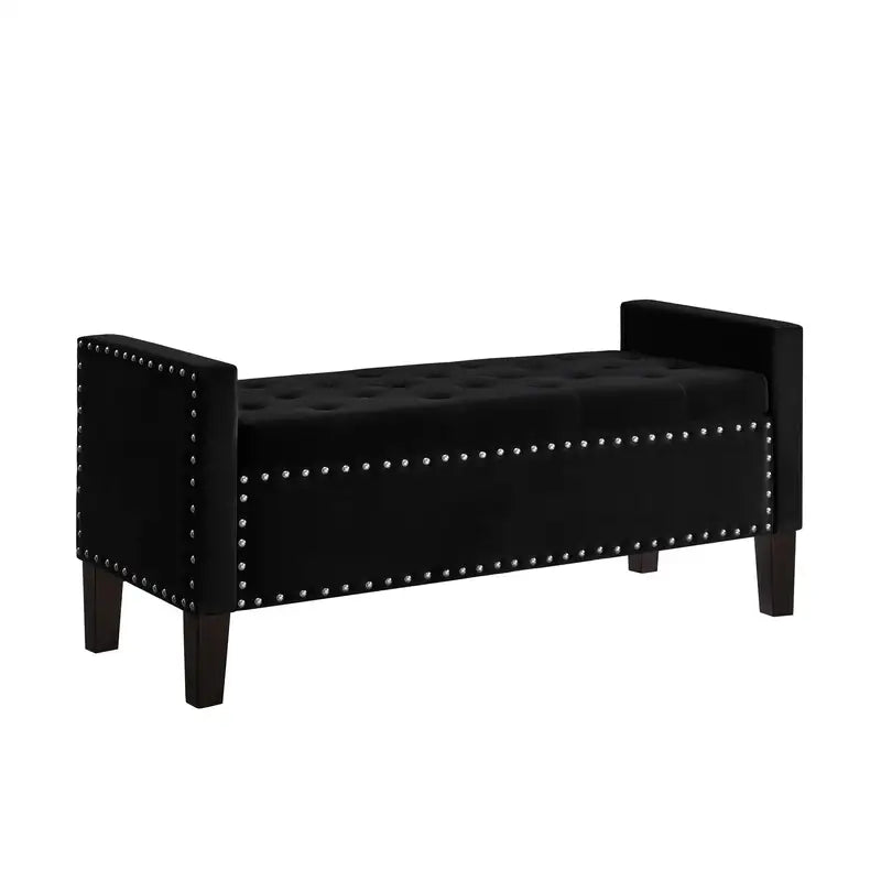 Black Tufted Storage Bench with Arms - Upholstered Entryway Bench