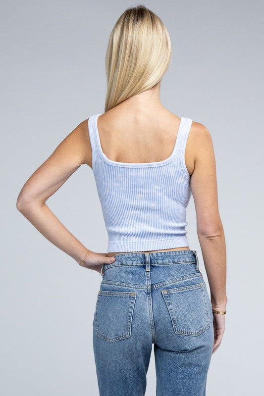 2-Way Neckline Washed Ribbed Cropped Tank Top - Minihomy