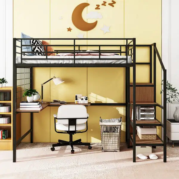 Full Size Metal Loft Bed with Desk, Storage Ladder & Wardrobe - Black - Minihomy