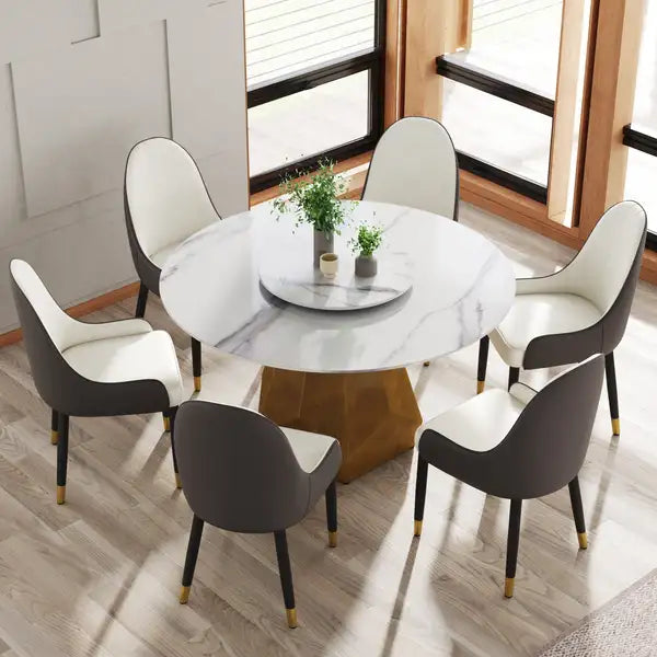 53" Round Marble Dining Table for 6 with Metal Base & Turntable - White - Minihomy