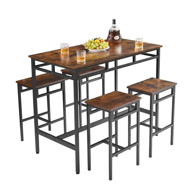 5 Piece Industrial Bar Table Set with High Stools - Rustic Brown, 43.31'' L x 23.62'' W x 35.43'' H - Minihomy