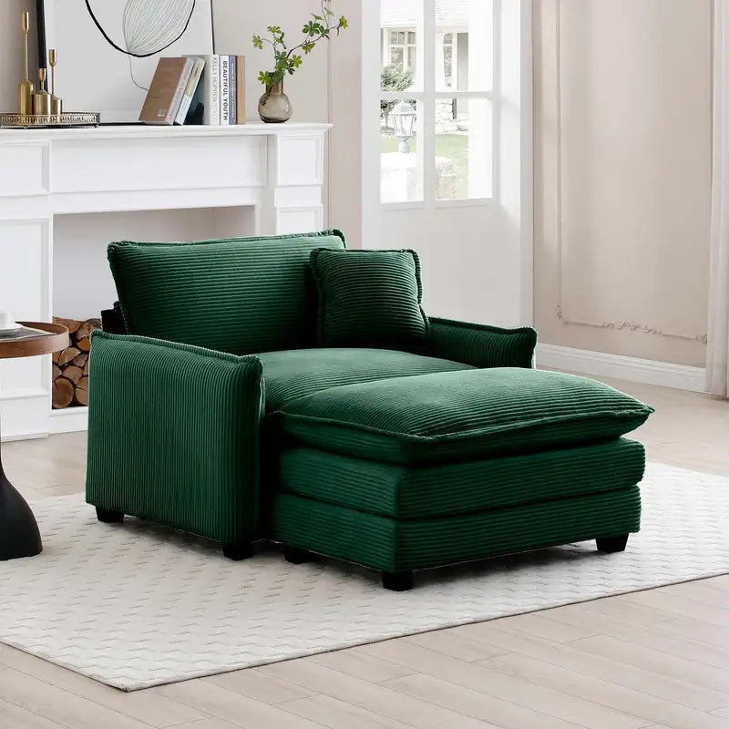 Green Corduroy Sofa & Footstool Set: Deep Seat Living Room Furniture