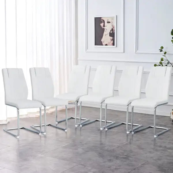 Set of 6 White Faux Leather Dining Chairs with Metal Legs for Kitchen, Living Room, Bedroom