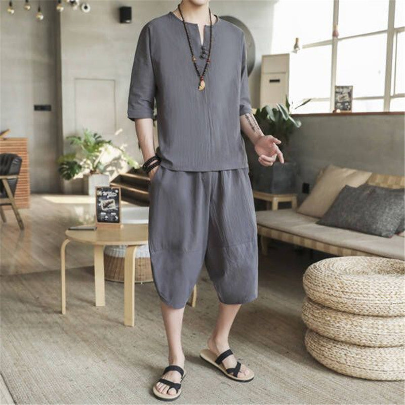 Men's Linen Suit Chinese Style Large Loose Cropped Trousers